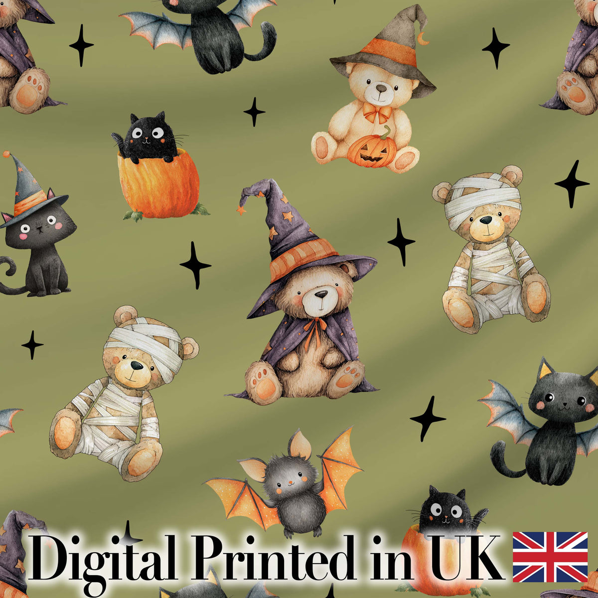 Halloween Teddy Bear Witch Cat Bat Pumpkin Seamless Pattern Olive Green  Digital Print Fabric by the Metre UK Sewing Quilting Textile