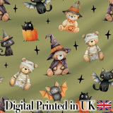 Halloween Teddy Bear Witch Cat Bat Pumpkin Seamless Pattern Olive Green  Digital Print Fabric by the Metre UK Sewing Quilting Textile