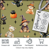 Halloween Teddy Bear Witch Cat Bat Pumpkin Seamless Pattern Olive Green  Digital Print Fabric by the Metre UK Sewing Quilting Textile