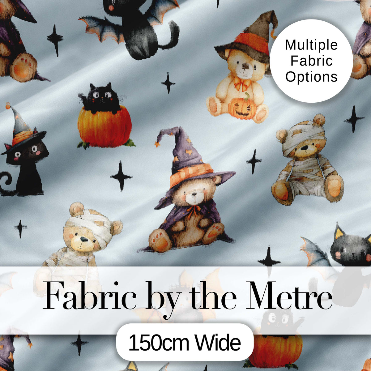 Halloween Teddy Bear Witch Cat Bat Pumpkin Seamless Pattern Dusty Blue  Digital Print Fabric by the Metre UK Sewing Quilting Textile