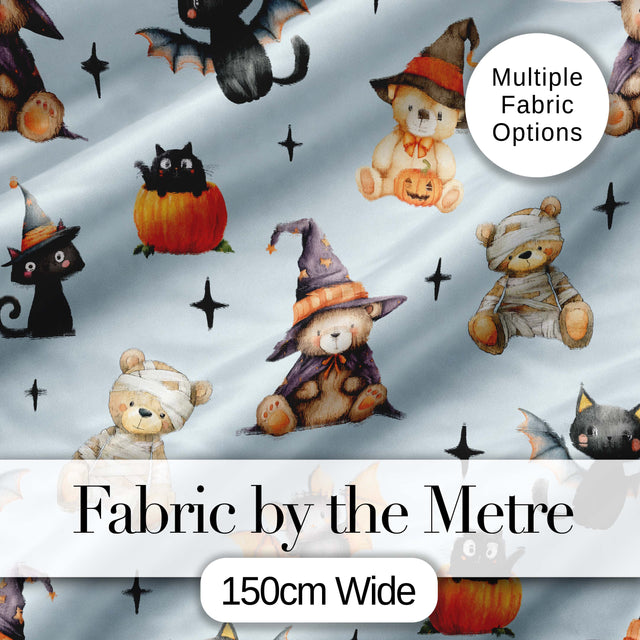 Halloween Teddy Bear Witch Cat Bat Pumpkin Seamless Pattern Dusty Blue  Digital Print Fabric by the Metre UK Sewing Quilting Textile