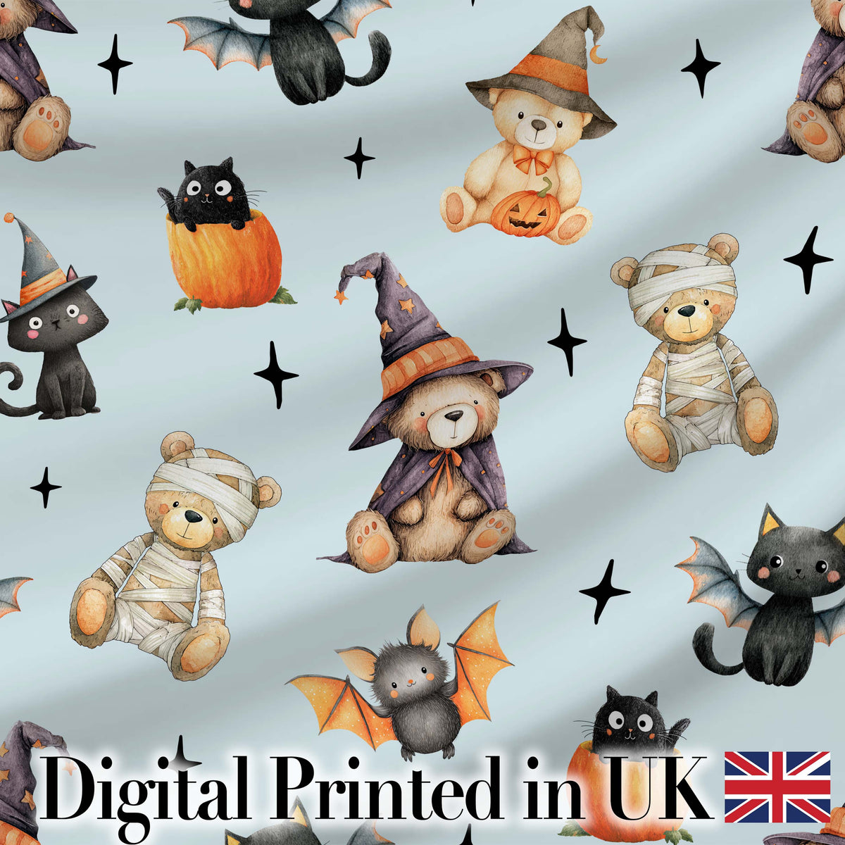 Halloween Teddy Bear Witch Cat Bat Pumpkin Seamless Pattern Dusty Blue  Digital Print Fabric by the Metre UK Sewing Quilting Textile