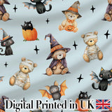 Halloween Teddy Bear Witch Cat Bat Pumpkin Seamless Pattern Dusty Blue  Digital Print Fabric by the Metre UK Sewing Quilting Textile