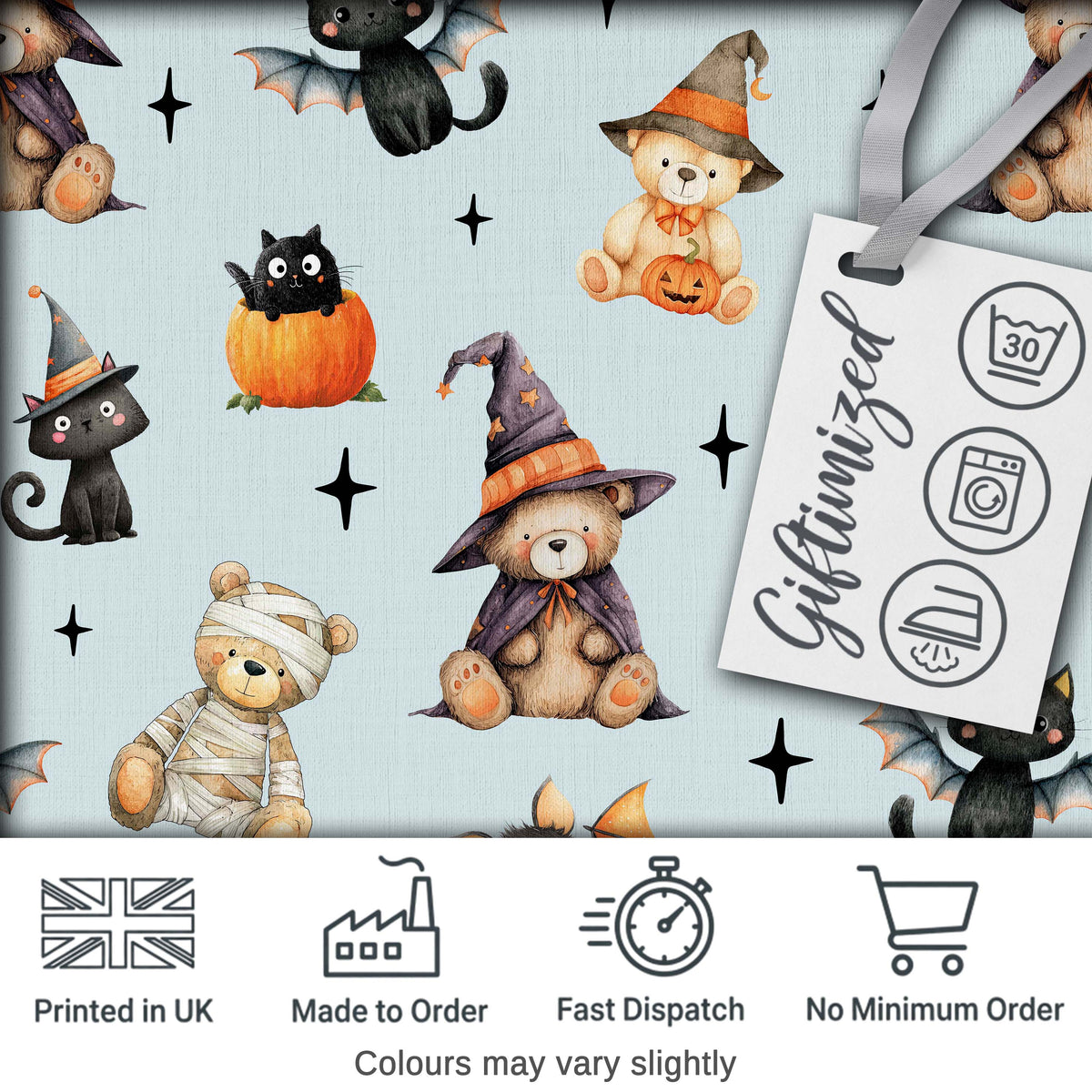 Halloween Teddy Bear Witch Cat Bat Pumpkin Seamless Pattern Dusty Blue  Digital Print Fabric by the Metre UK Sewing Quilting Textile