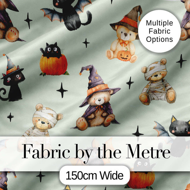 Halloween Teddy Bear Witch Cat Bat Pumpkin Seamless Pattern Sage Green  Digital Print Fabric by the Metre UK Sewing Quilting Textile