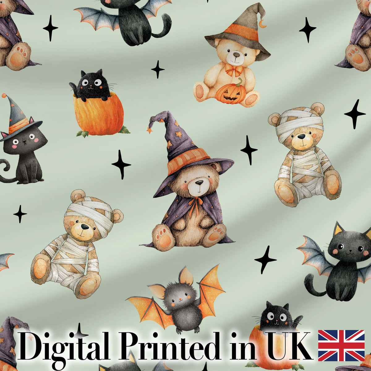 Halloween Teddy Bear Witch Cat Bat Pumpkin Seamless Pattern Sage Green  Digital Print Fabric by the Metre UK Sewing Quilting Textile