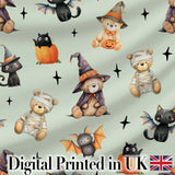 Halloween Teddy Bear Witch Cat Bat Pumpkin Seamless Pattern Sage Green  Digital Print Fabric by the Metre UK Sewing Quilting Textile