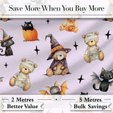 Halloween Teddy Bear Witch Cat Bat Pumpkin Seamless Pattern Soft Lilac  Digital Print Fabric by the Metre UK Sewing Quilting Textile