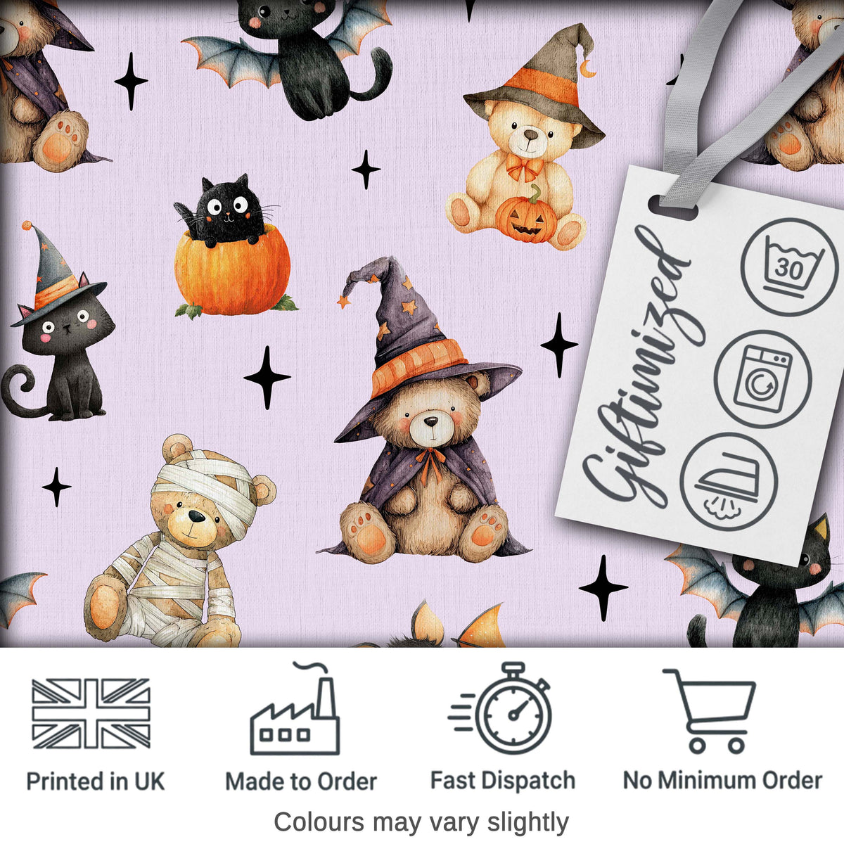 Halloween Teddy Bear Witch Cat Bat Pumpkin Seamless Pattern Soft Lilac  Digital Print Fabric by the Metre UK Sewing Quilting Textile