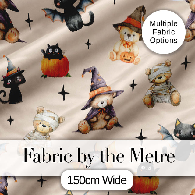Halloween Teddy Bear Witch Cat Bat Pumpkin Seamless Pattern Warm Beige  Digital Print Fabric by the Metre UK Sewing Quilting Textile