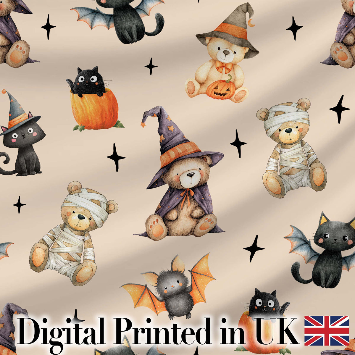 Halloween Teddy Bear Witch Cat Bat Pumpkin Seamless Pattern Warm Beige  Digital Print Fabric by the Metre UK Sewing Quilting Textile