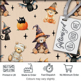 Halloween Teddy Bear Witch Cat Bat Pumpkin Seamless Pattern Warm Beige  Digital Print Fabric by the Metre UK Sewing Quilting Textile