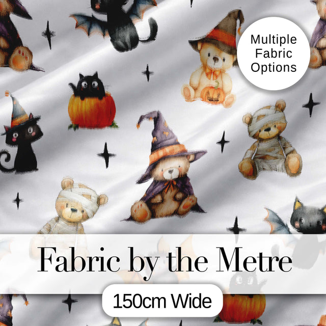Halloween Teddy Bear Witch Cat Bat Pumpkin Seamless Pattern Light Grey  Digital Print Fabric by the Metre UK Sewing Quilting Textile