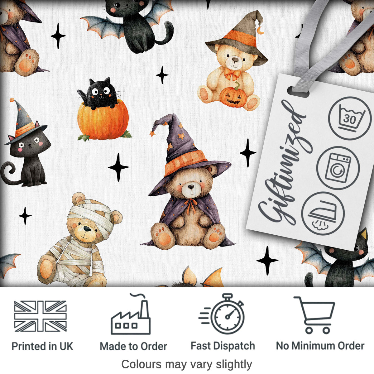 Halloween Teddy Bear Witch Cat Bat Pumpkin Seamless Pattern Light Grey  Digital Print Fabric by the Metre UK Sewing Quilting Textile