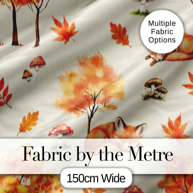 Cute Autumn Fox Leaves Mushrooms Forest Seamless Pattern Cream Background Digital Print Fabric by the Metre UK Sewing Quilting Textile