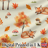 Cute Autumn Fox Leaves Mushrooms Forest Seamless Pattern Cream Background Digital Print Fabric by the Metre UK Sewing Quilting Textile