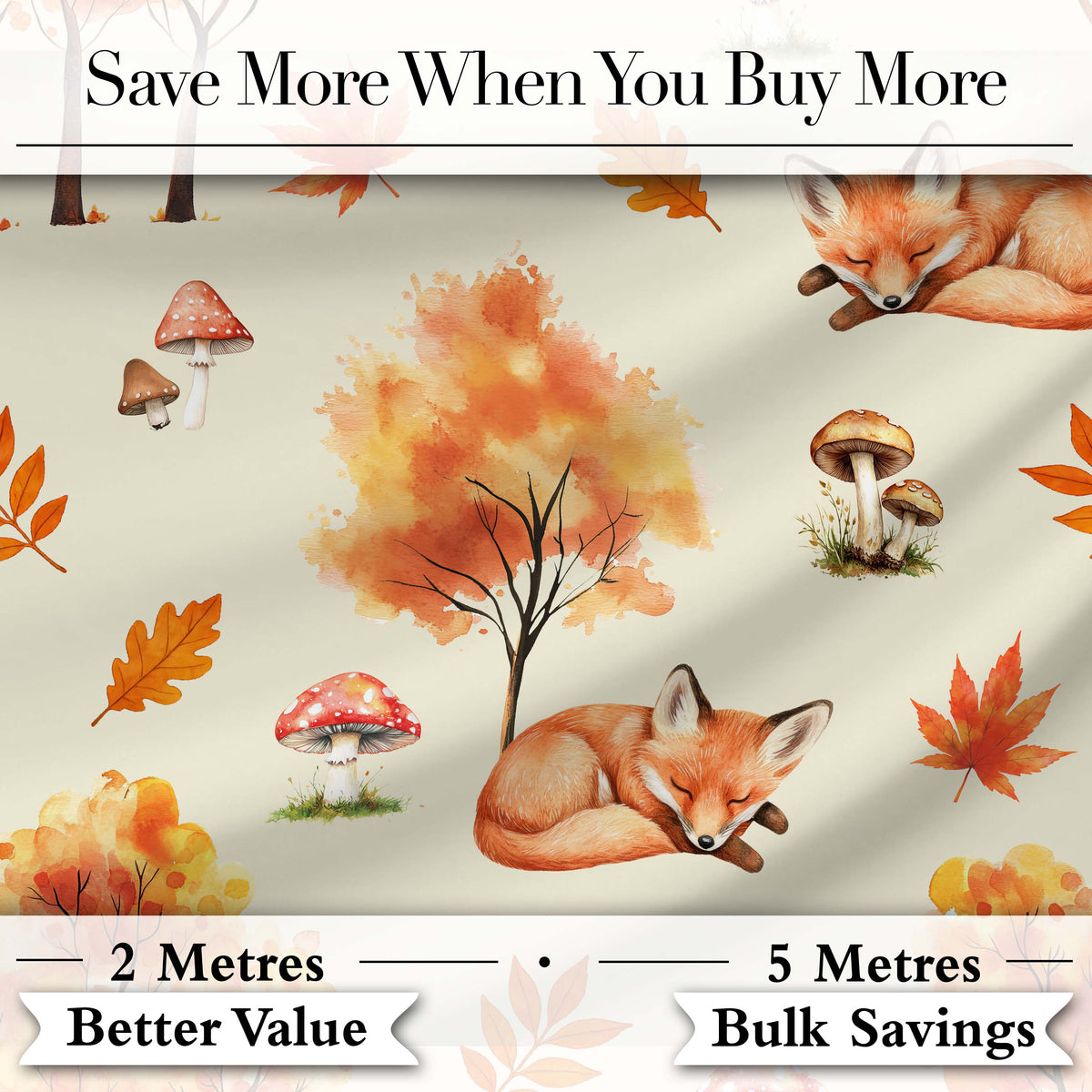 Cute Autumn Fox Leaves Mushrooms Forest Seamless Pattern Cream Background Digital Print Fabric by the Metre UK Sewing Quilting Textile
