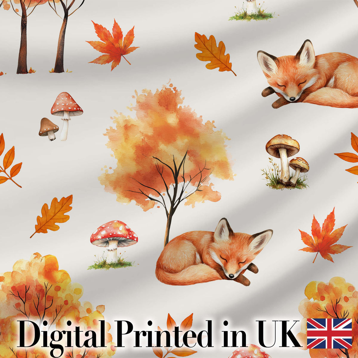 Cute Autumn Fox Leaves Mushrooms Forest Seamless Pattern Light Grey Background Digital Print Fabric by the Metre UK Sewing Quilting Textile