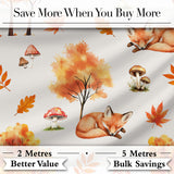Cute Autumn Fox Leaves Mushrooms Forest Seamless Pattern Light Grey Background Digital Print Fabric by the Metre UK Sewing Quilting Textile