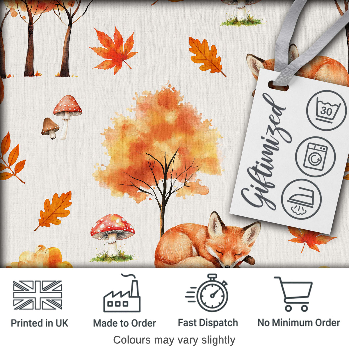 Cute Autumn Fox Leaves Mushrooms Forest Seamless Pattern Light Grey Background Digital Print Fabric by the Metre UK Sewing Quilting Textile