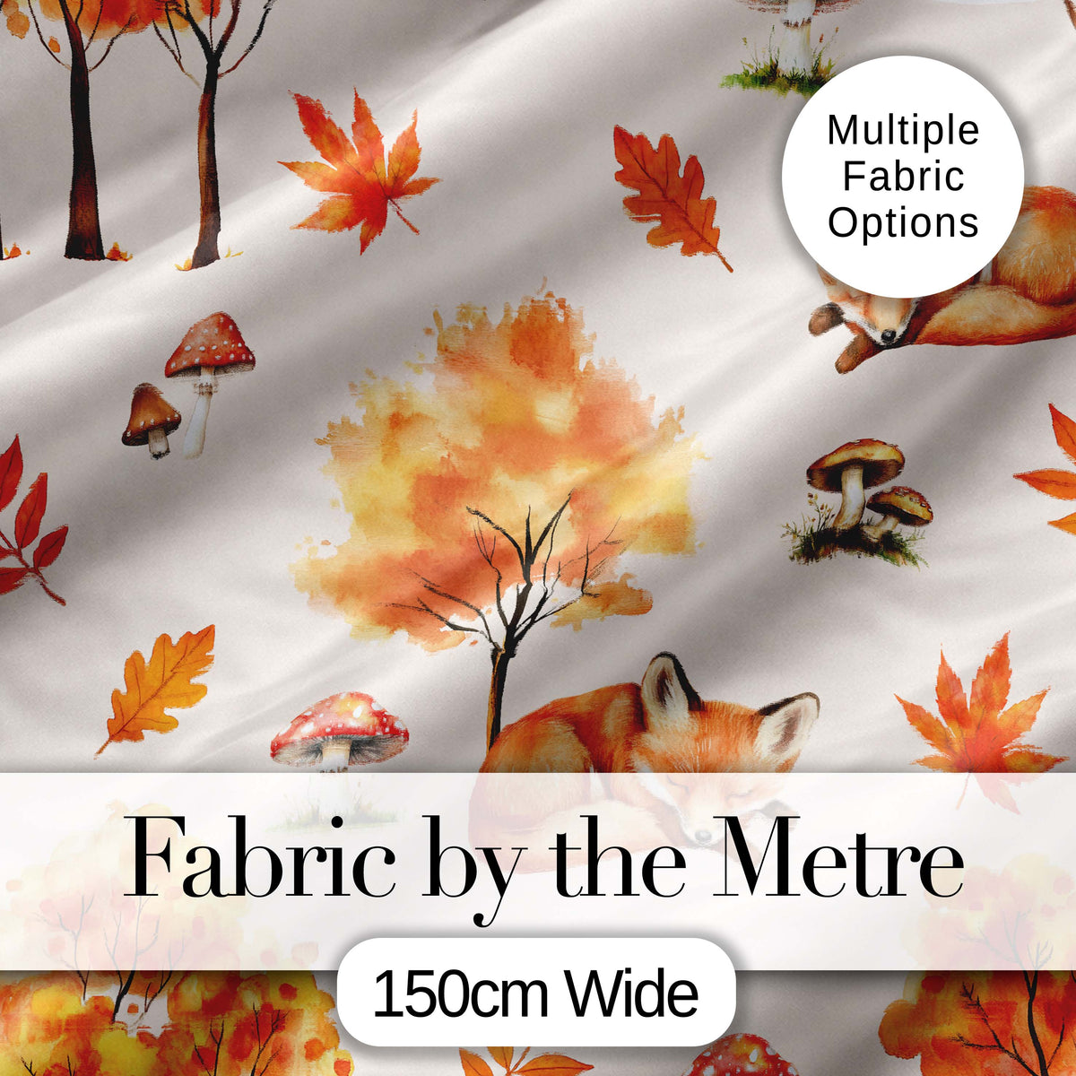 Sleeping Fox Autumn Leaves Mushrooms Forest Seamless Pattern Beige  Digital Print Fabric by the Metre UK Sewing Quilting Textile