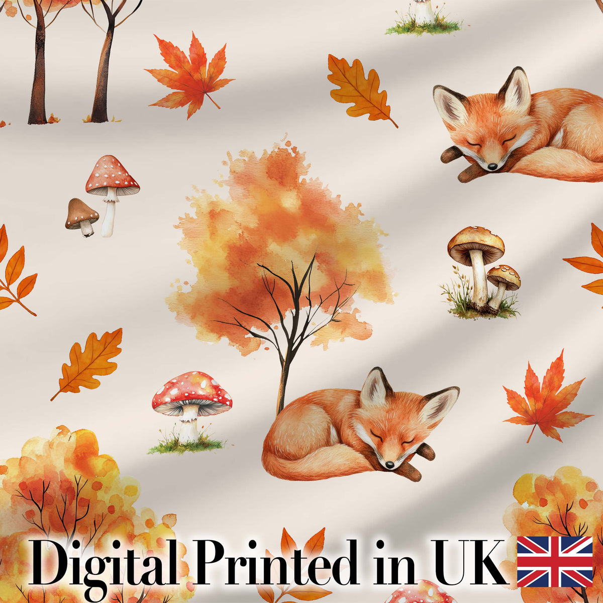 Sleeping Fox Autumn Leaves Mushrooms Forest Seamless Pattern Beige  Digital Print Fabric by the Metre UK Sewing Quilting Textile