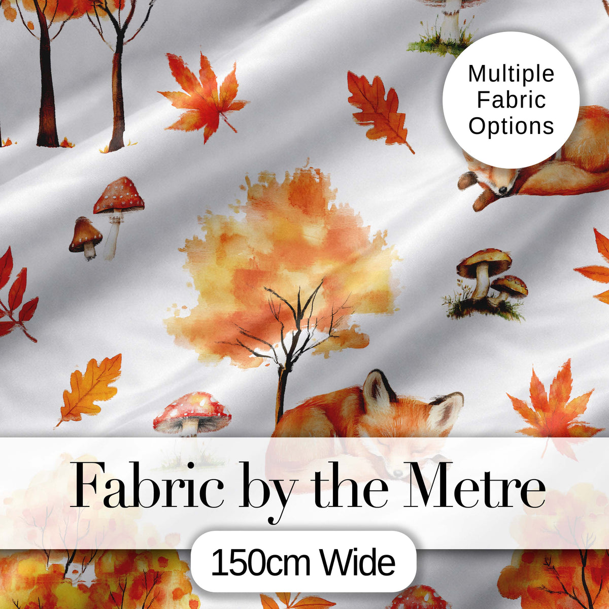 Sleeping Fox Autumn Leaves Mushrooms Forest Seamless Pattern Grey  Digital Print Fabric by the Metre UK Sewing Quilting Textile