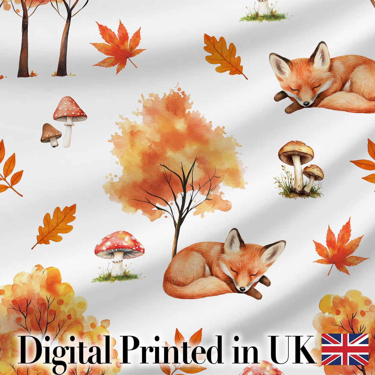 Sleeping Fox Autumn Leaves Mushrooms Forest Seamless Pattern Grey  Digital Print Fabric by the Metre UK Sewing Quilting Textile