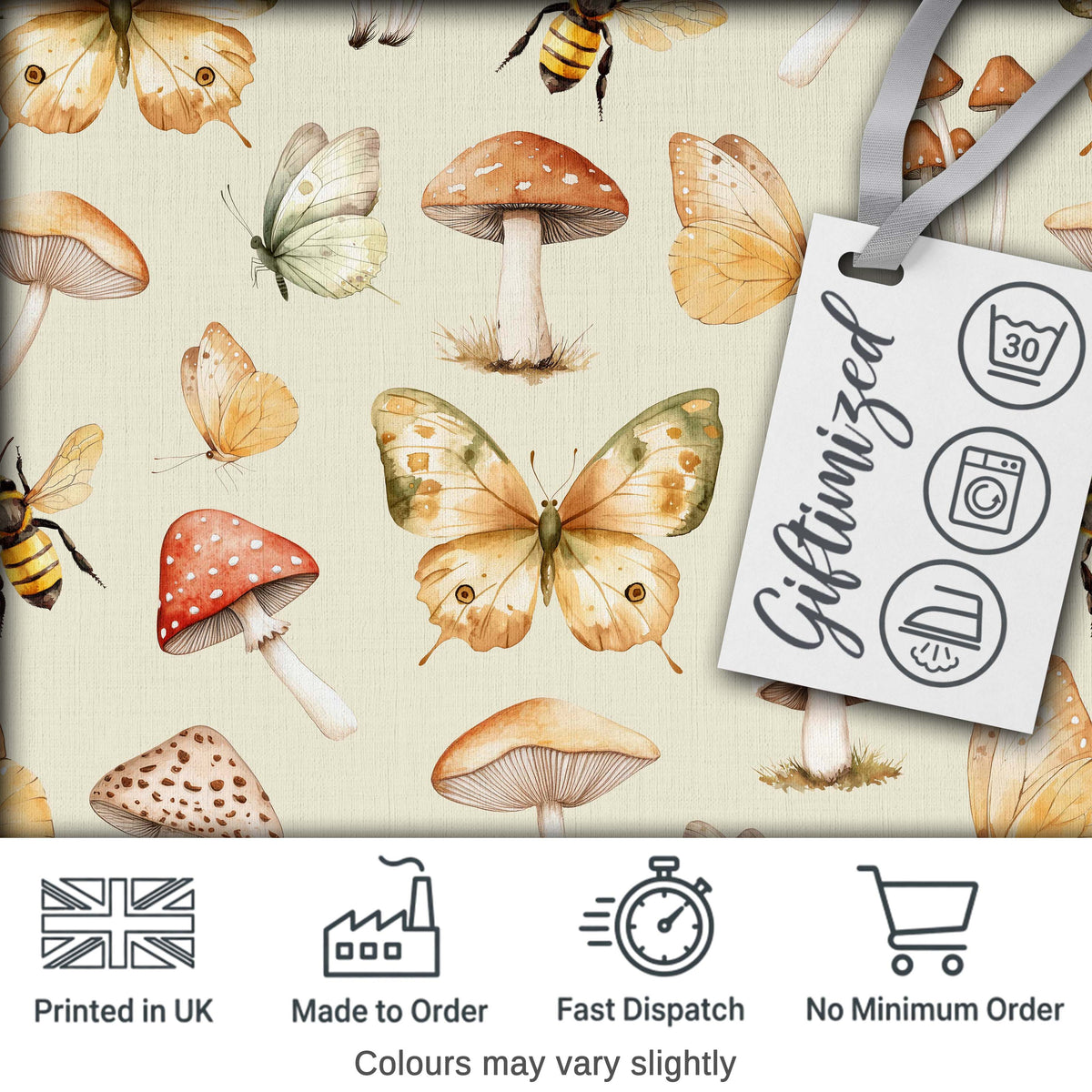 Vintage Butterflies Bees Mushrooms Nature Seamless Pattern Sage Green  Digital Print Fabric by the Metre UK Sewing Quilting Textile