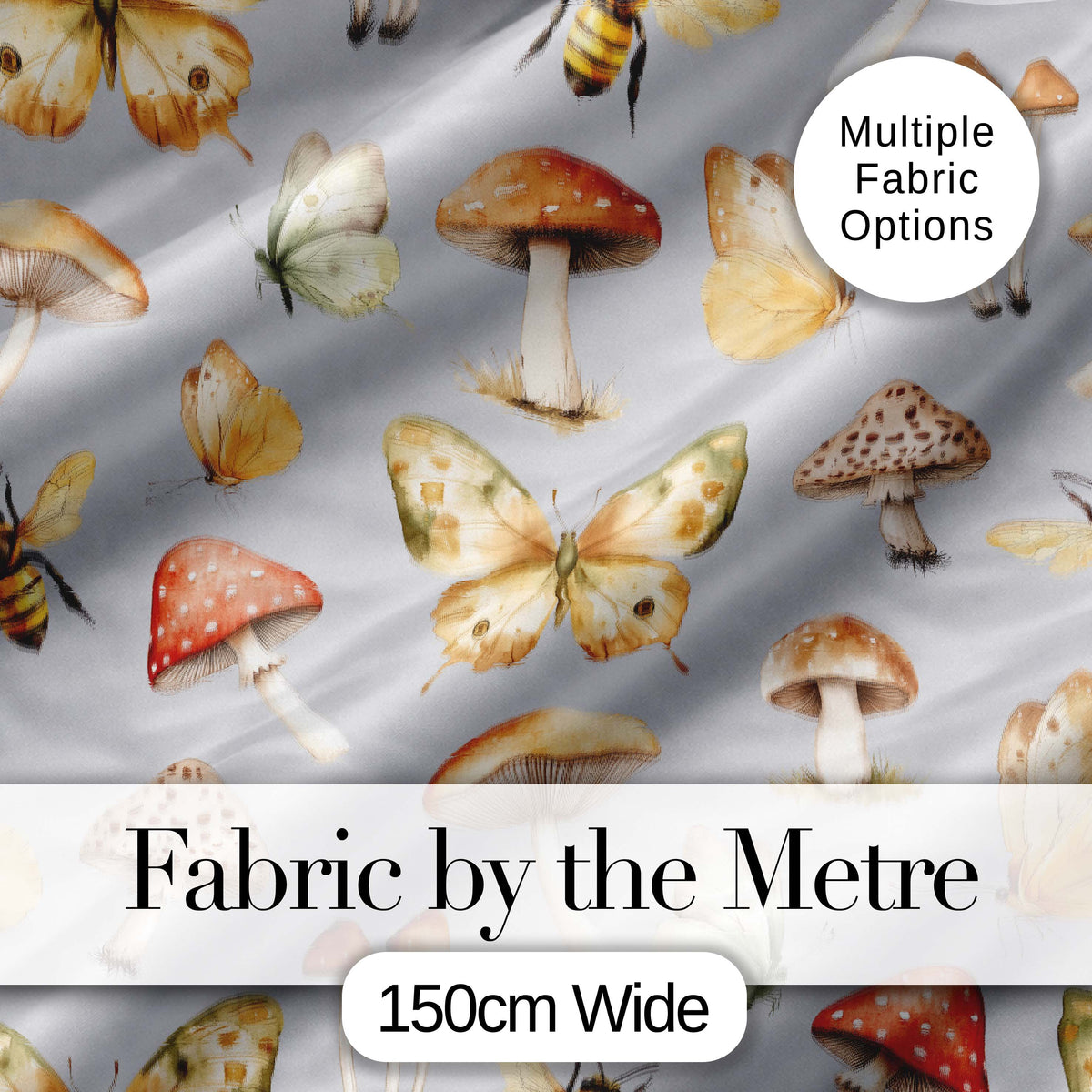 Vintage Butterflies Bees Mushrooms Nature Seamless Pattern Blue Grey Background Digital Print Fabric by the Metre UK Sewing Quilting Textile