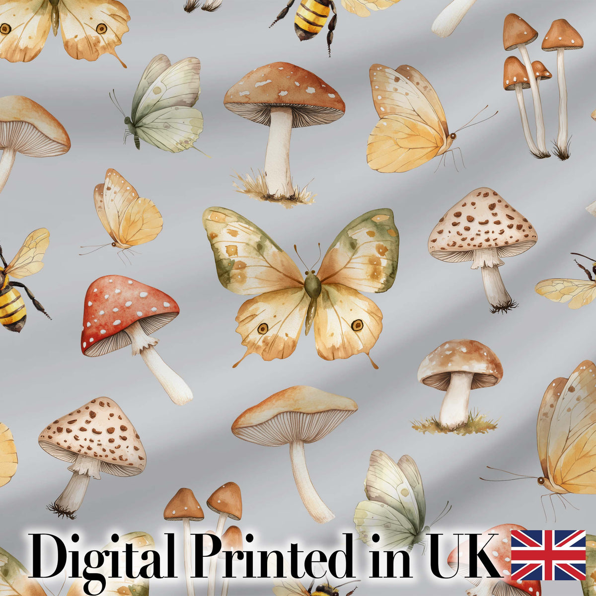 Vintage Butterflies Bees Mushrooms Nature Seamless Pattern Blue Grey Background Digital Print Fabric by the Metre UK Sewing Quilting Textile