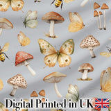 Vintage Butterflies Bees Mushrooms Nature Seamless Pattern Blue Grey Background Digital Print Fabric by the Metre UK Sewing Quilting Textile