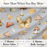 Vintage Butterflies Bees Mushrooms Nature Seamless Pattern Blue Grey Background Digital Print Fabric by the Metre UK Sewing Quilting Textile