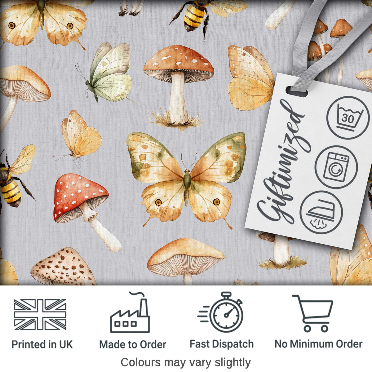 Vintage Butterflies Bees Mushrooms Nature Seamless Pattern Blue Grey Background Digital Print Fabric by the Metre UK Sewing Quilting Textile