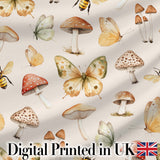 Vintage Butterflies Bees Mushrooms Nature Seamless Pattern Warm Beige  Digital Print Fabric by the Metre UK Sewing Quilting Textile