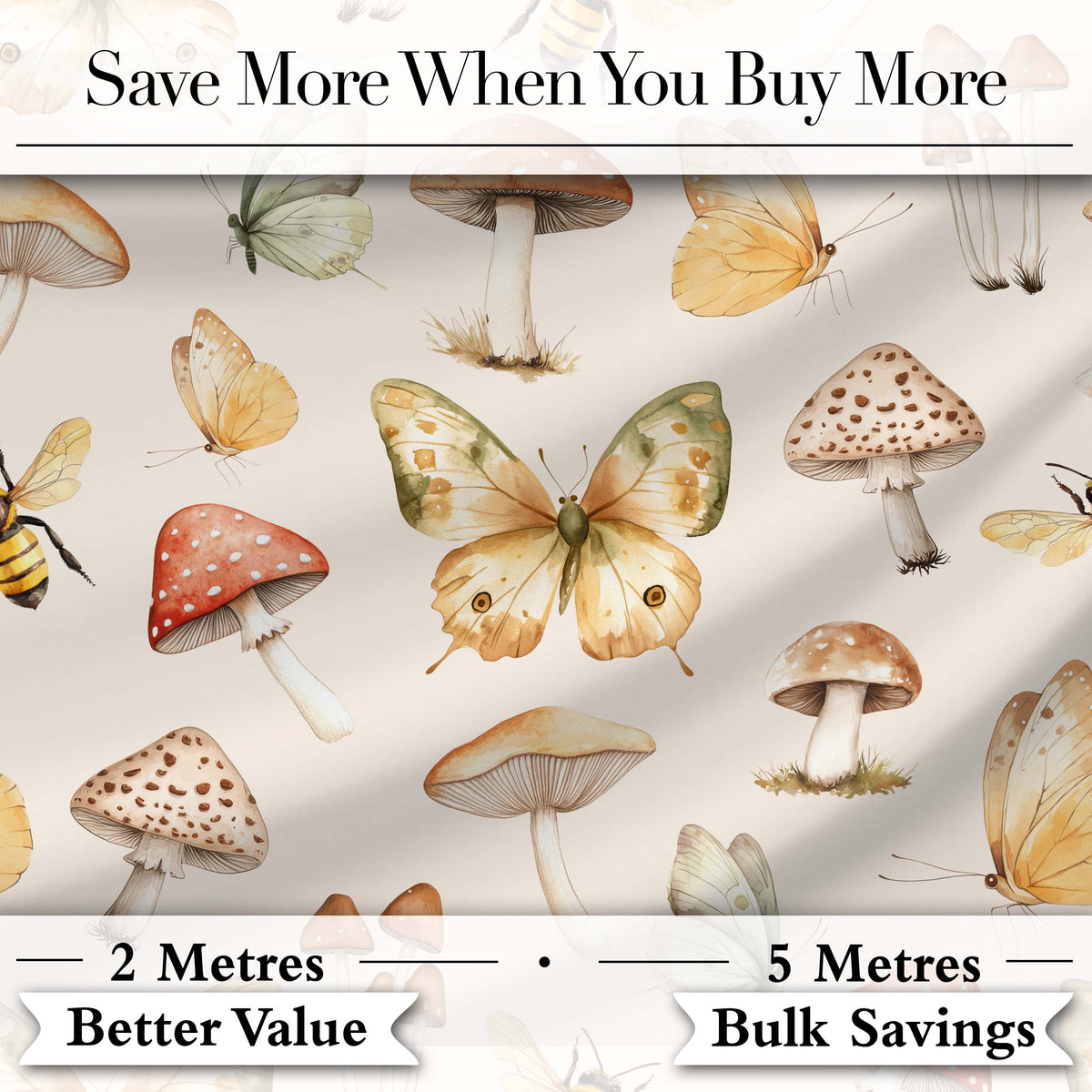 Vintage Butterflies Bees Mushrooms Nature Seamless Pattern Warm Beige  Digital Print Fabric by the Metre UK Sewing Quilting Textile
