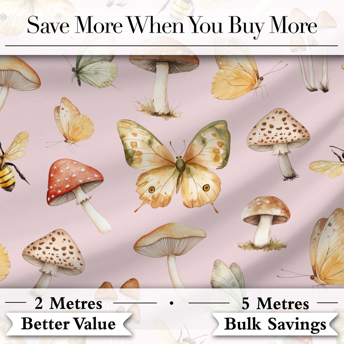 Vintage Butterflies Bees Mushrooms Nature Seamless Pattern Blush Pink  Digital Print Fabric by the Metre UK Sewing Quilting Textile