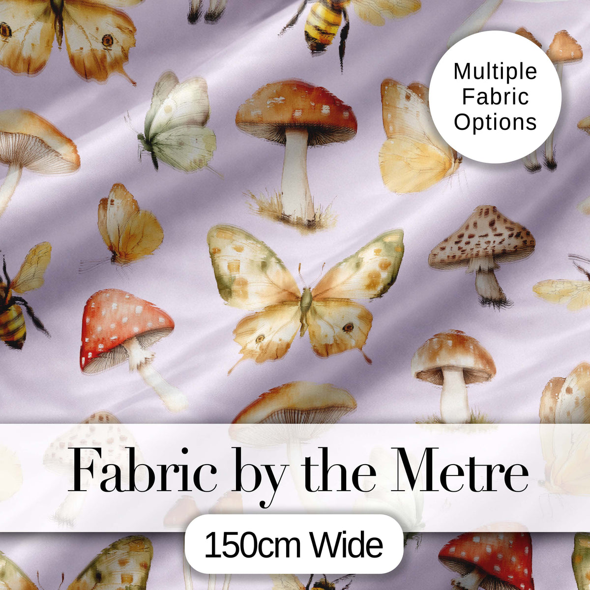 Vintage Butterflies Bees Mushrooms Nature Seamless Pattern Soft Lilac  Digital Print Fabric by the Metre UK Sewing Quilting Textile