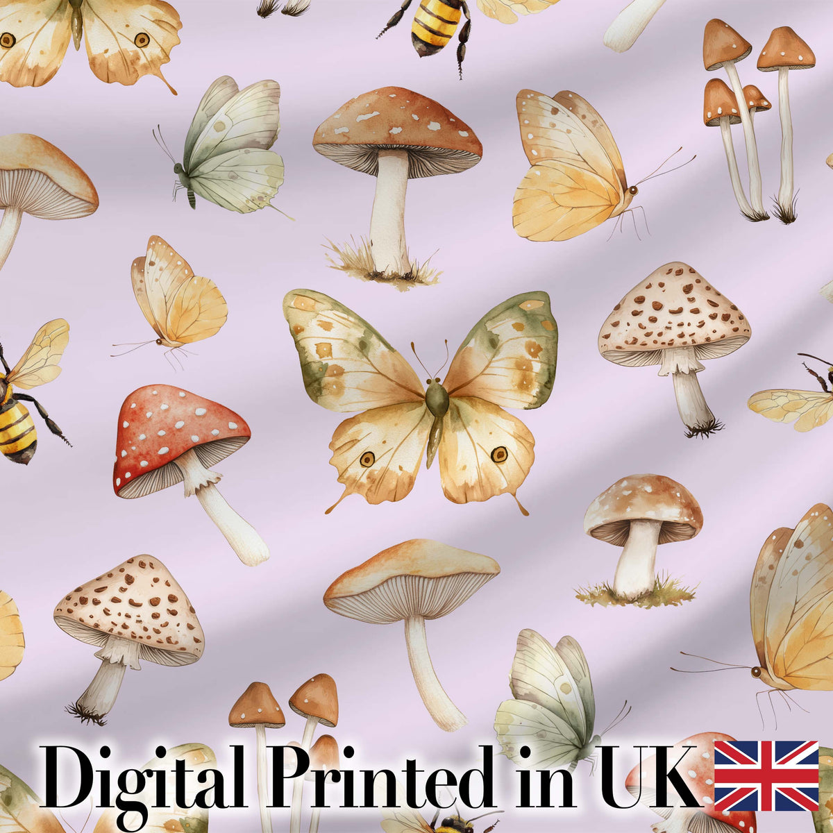Vintage Butterflies Bees Mushrooms Nature Seamless Pattern Soft Lilac  Digital Print Fabric by the Metre UK Sewing Quilting Textile