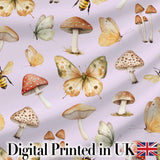 Vintage Butterflies Bees Mushrooms Nature Seamless Pattern Soft Lilac  Digital Print Fabric by the Metre UK Sewing Quilting Textile