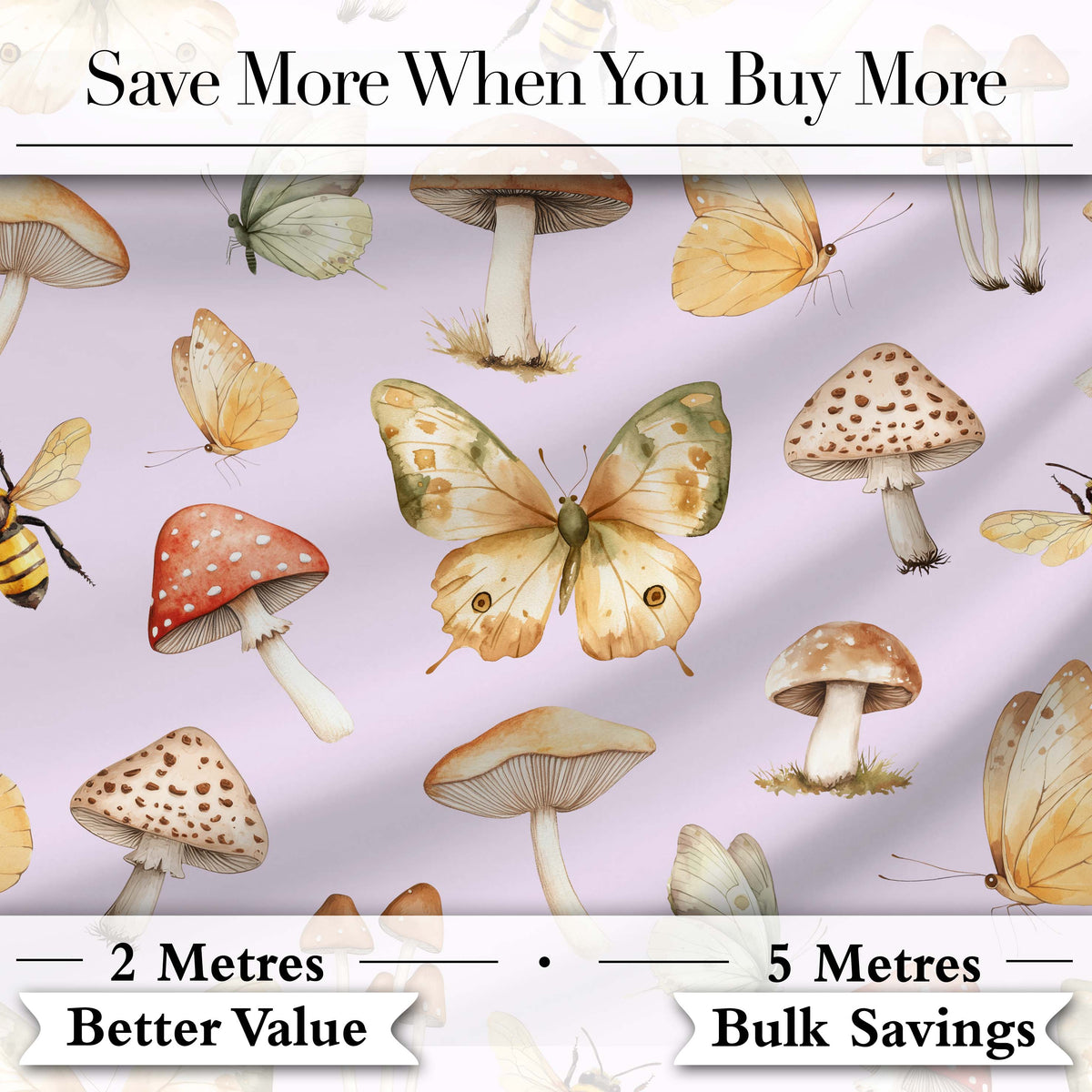 Vintage Butterflies Bees Mushrooms Nature Seamless Pattern Soft Lilac  Digital Print Fabric by the Metre UK Sewing Quilting Textile