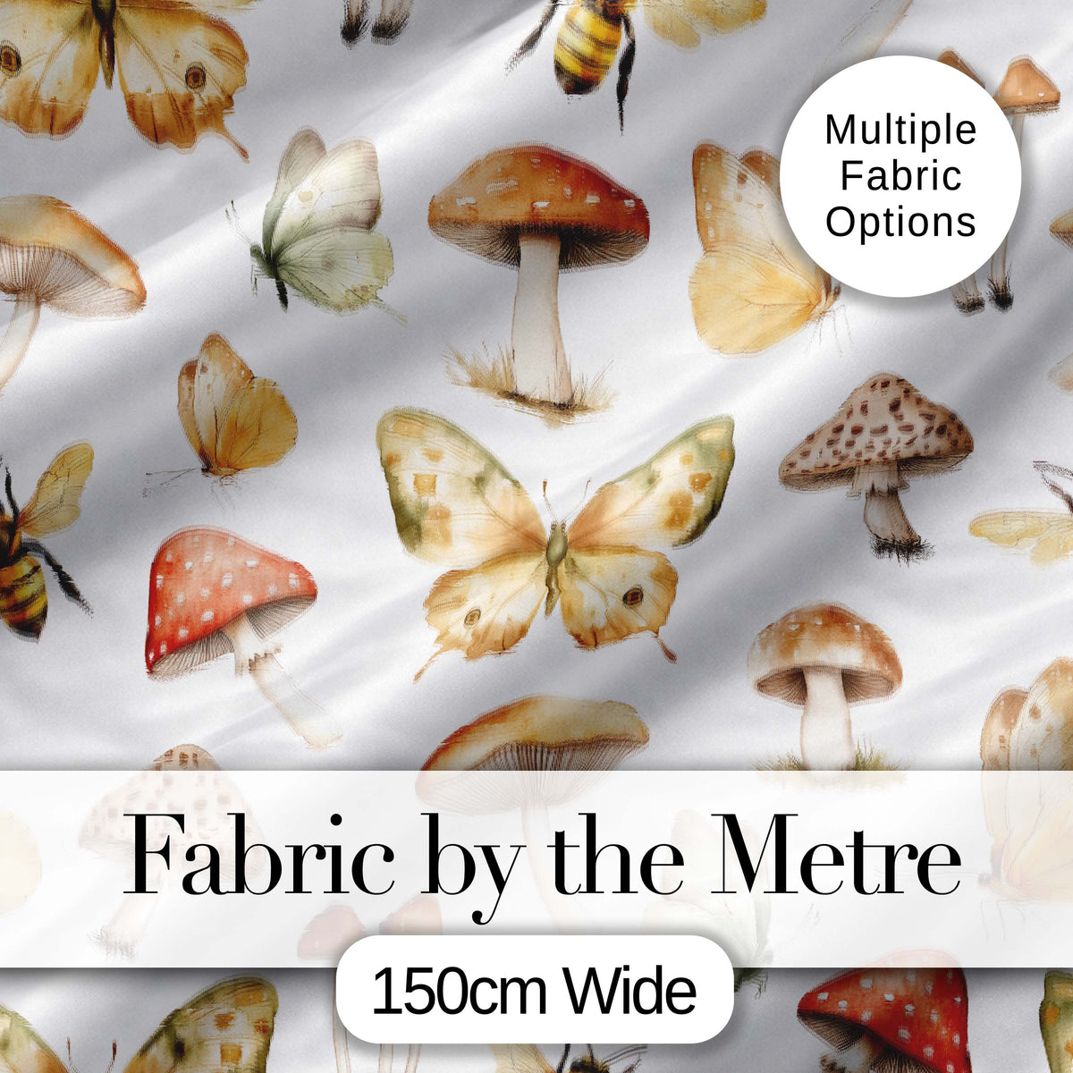 Vintage Butterflies Bees Mushrooms Nature Seamless Pattern Light Grey  Digital Print Fabric by the Metre UK Sewing Quilting Textile