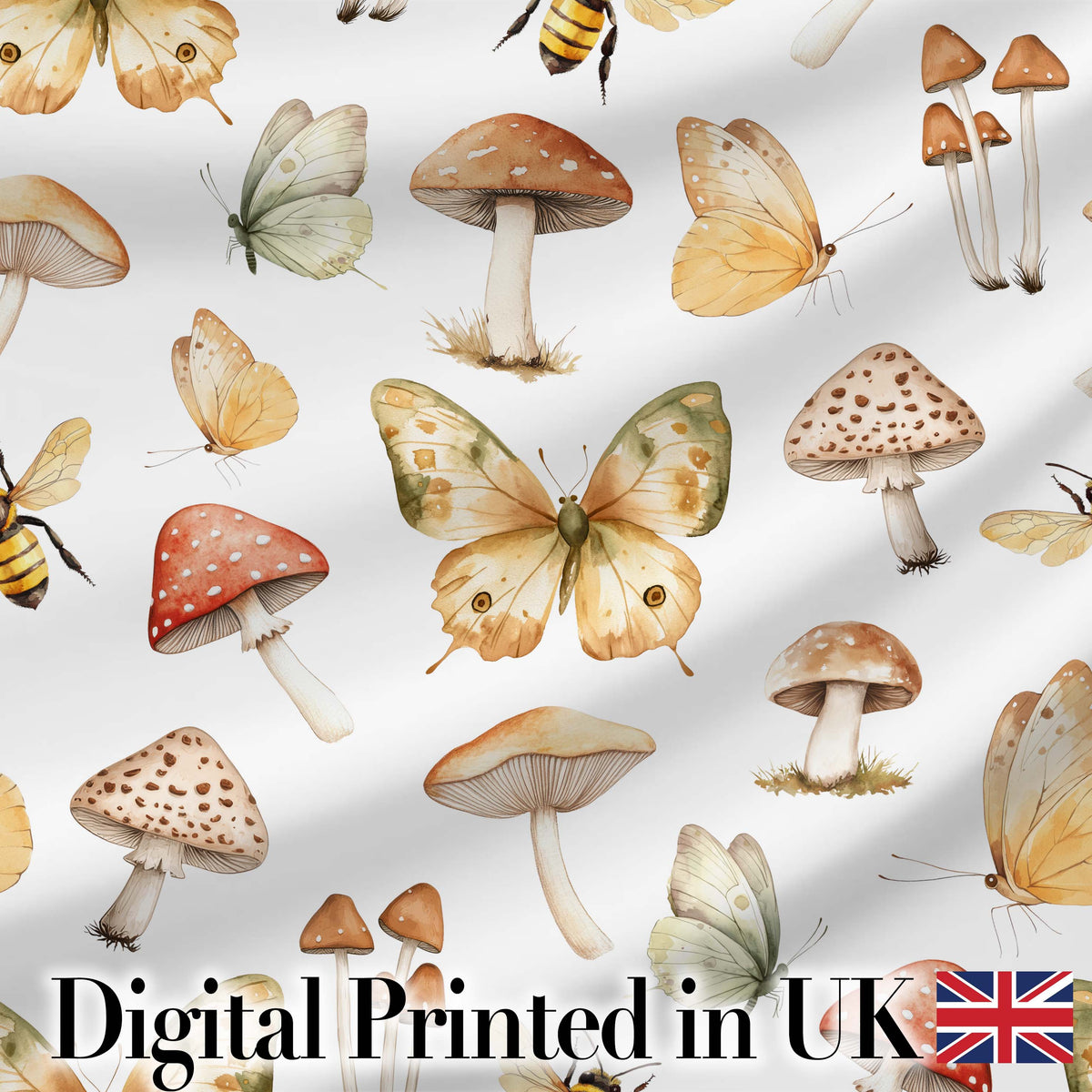 Vintage Butterflies Bees Mushrooms Nature Seamless Pattern Light Grey  Digital Print Fabric by the Metre UK Sewing Quilting Textile