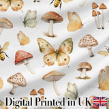 Vintage Butterflies Bees Mushrooms Nature Seamless Pattern Light Grey  Digital Print Fabric by the Metre UK Sewing Quilting Textile
