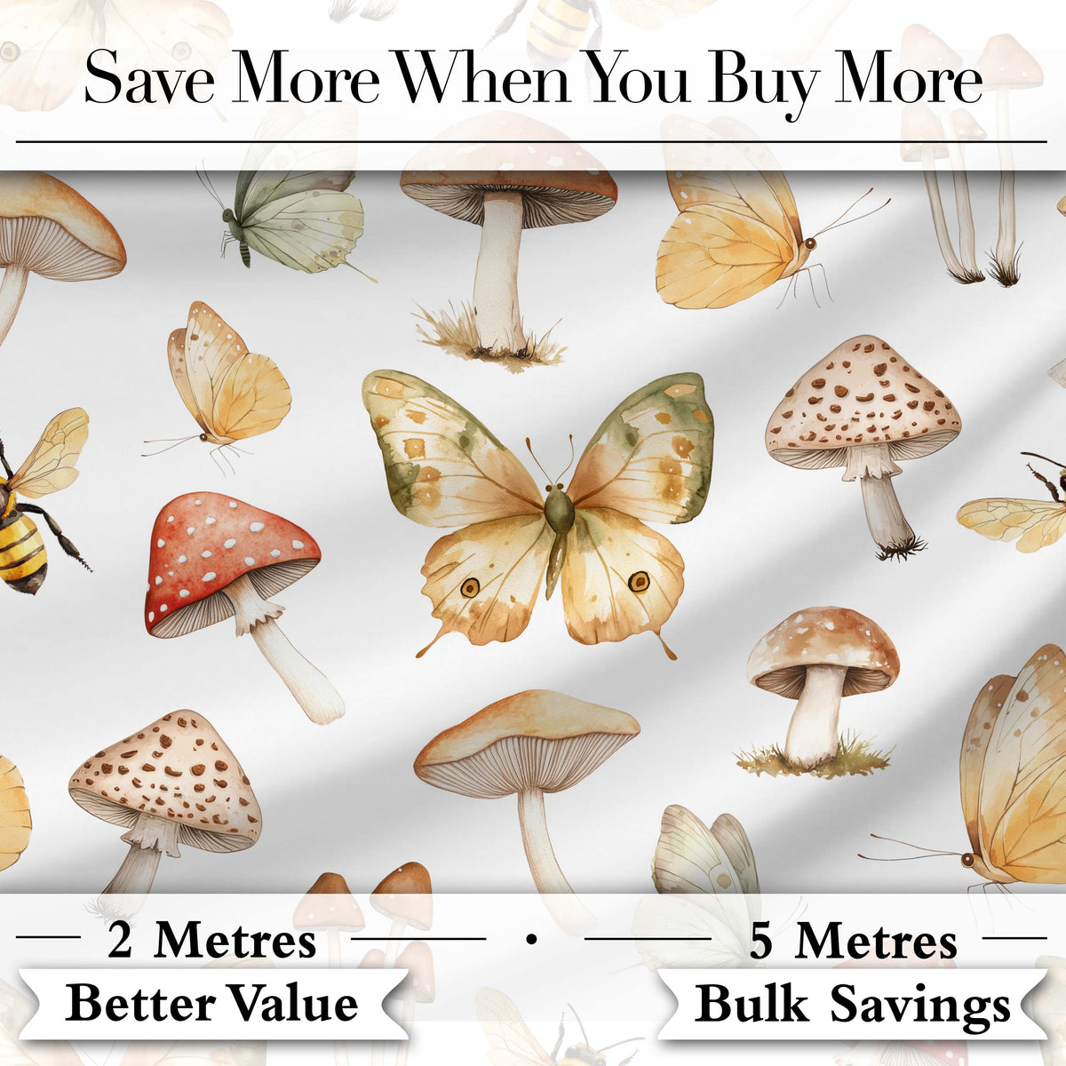 Vintage Butterflies Bees Mushrooms Nature Seamless Pattern Light Grey  Digital Print Fabric by the Metre UK Sewing Quilting Textile