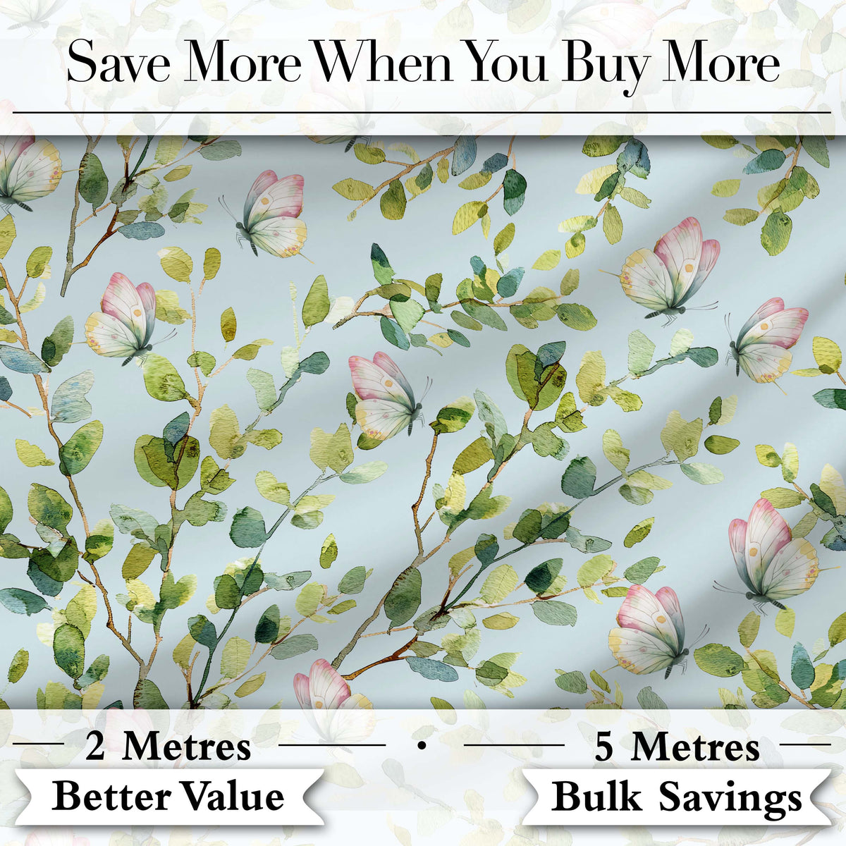 Watercolor Butterflies Green Leaves Branches Seamless Pattern Light Blue  Digital Print Fabric by the Metre UK Sewing Quilting Textile