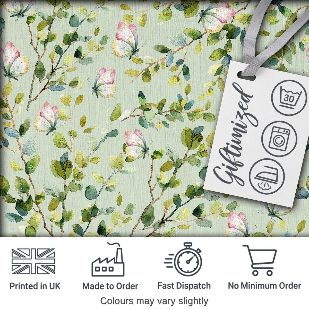 Watercolor Butterflies Green Leaves Branches Seamless Pattern Soft Sage  Digital Print Fabric by the Metre UK Sewing Quilting Textile