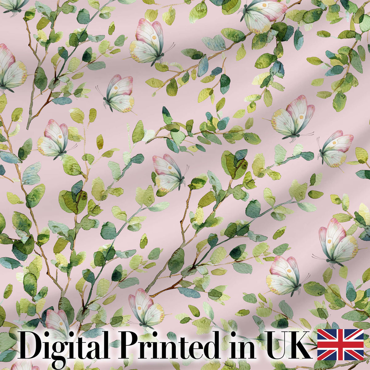 Watercolor Butterflies Green Leaves Branches Seamless Pattern Soft Pink  Digital Print Fabric by the Metre UK Sewing Quilting Textile