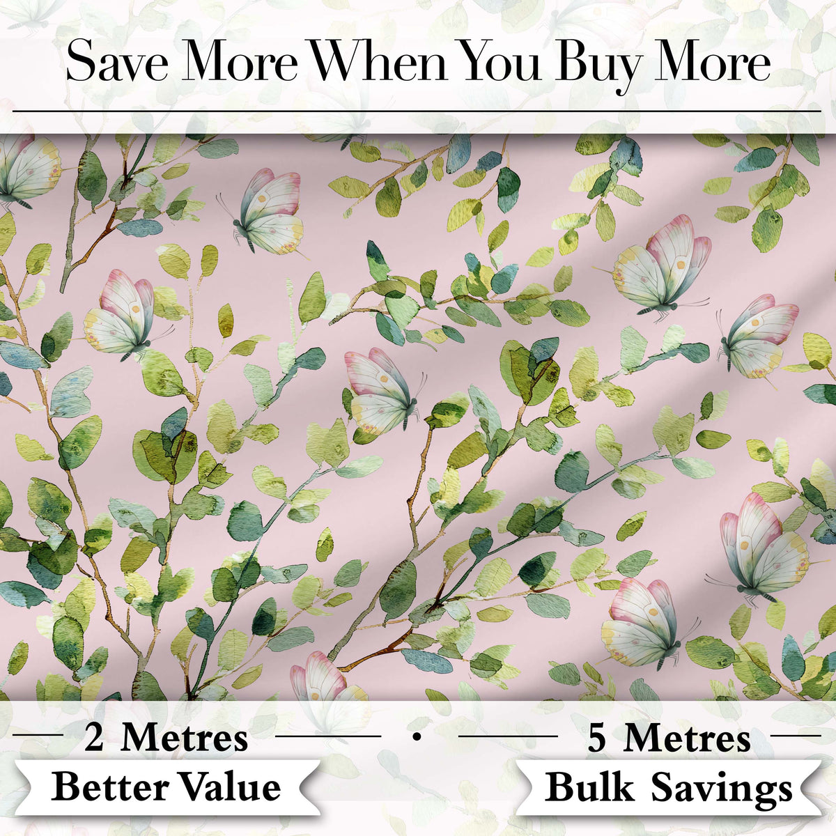 Watercolor Butterflies Green Leaves Branches Seamless Pattern Soft Pink  Digital Print Fabric by the Metre UK Sewing Quilting Textile