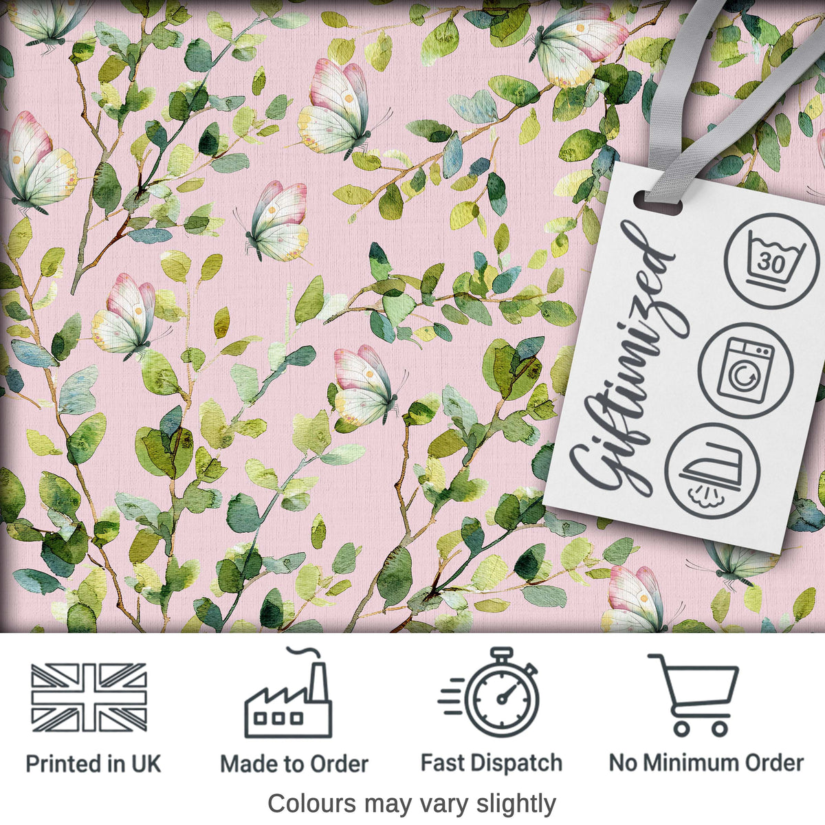 Watercolor Butterflies Green Leaves Branches Seamless Pattern Soft Pink  Digital Print Fabric by the Metre UK Sewing Quilting Textile